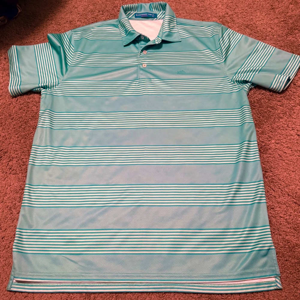 Southern Tide Mens Tide to Trail Blue Striped Performance Polo Shirt Large